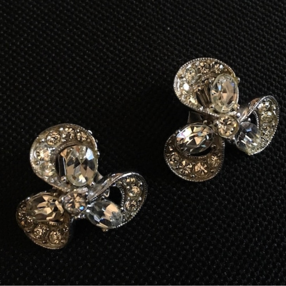 Vintage Rhinestone Clip on Earrings, Signed Bogoff, Glam